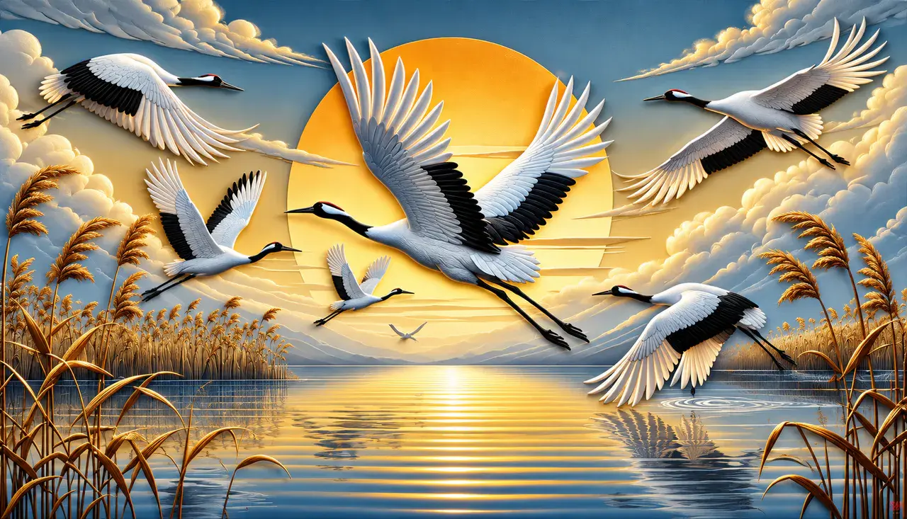 Cranes Flying 3 D, Birds artwork